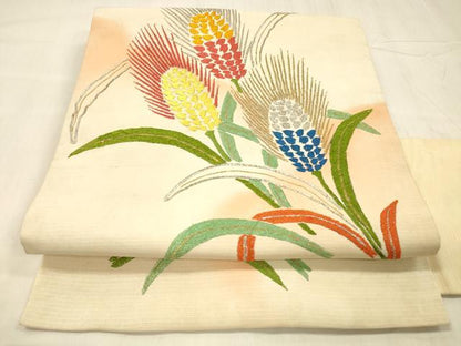 平和屋着物●アンティーク　大正ロマン　九寸名古屋帯　駒刺繍　総刺繍　草花文　金銀彩　正絹　逸品　DABE6172cm