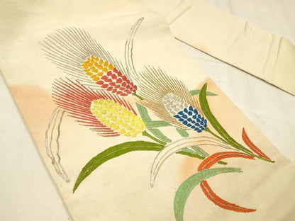 平和屋着物●アンティーク　大正ロマン　九寸名古屋帯　駒刺繍　総刺繍　草花文　金銀彩　正絹　逸品　DABE6172cm