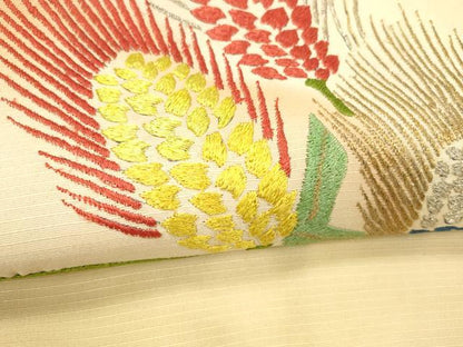 平和屋着物●アンティーク　大正ロマン　九寸名古屋帯　駒刺繍　総刺繍　草花文　金銀彩　正絹　逸品　DABE6172cm