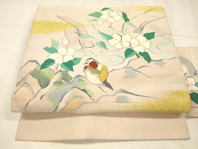 平和屋着物●爪掻き本綴れ　八寸名古屋帯　花鳥文　金糸　正絹　逸品　DABE6177cm