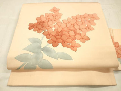 平和屋着物●塩瀬　九寸名古屋帯　手描き　草花文　正絹　逸品　DABE6178cm