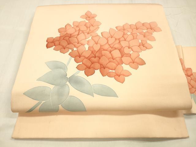 平和屋着物●塩瀬　九寸名古屋帯　手描き　草花文　正絹　逸品　DABE6178cm