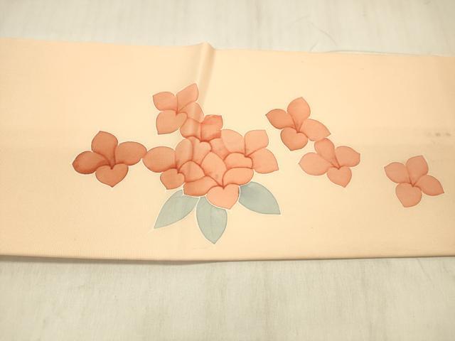平和屋着物●塩瀬　九寸名古屋帯　手描き　草花文　正絹　逸品　DABE6178cm