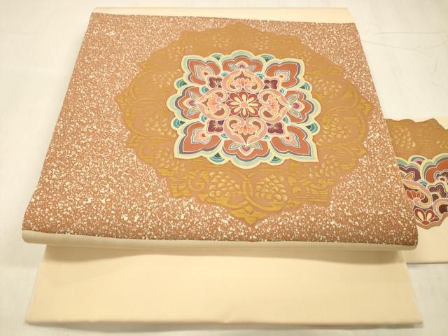 平和屋着物●塩瀬　九寸名古屋帯　作家物　型染　正倉院花文　金彩　正絹　逸品　DABE6179cm
