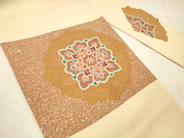 平和屋着物●塩瀬　九寸名古屋帯　作家物　型染　正倉院花文　金彩　正絹　逸品　DABE6179cm