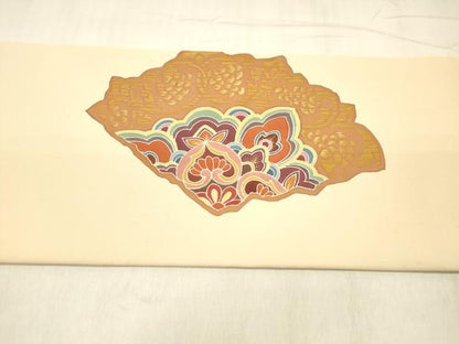 平和屋着物●塩瀬　九寸名古屋帯　作家物　型染　正倉院花文　金彩　正絹　逸品　DABE6179cm