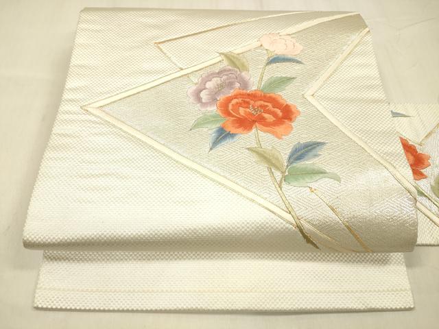 平和屋着物▼九寸名古屋帯　駒刺繍　総刺繍　枝花文　金銀糸　正絹　逸品　DABE6181cm