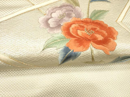 平和屋着物▼九寸名古屋帯　駒刺繍　総刺繍　枝花文　金銀糸　正絹　逸品　DABE6181cm
