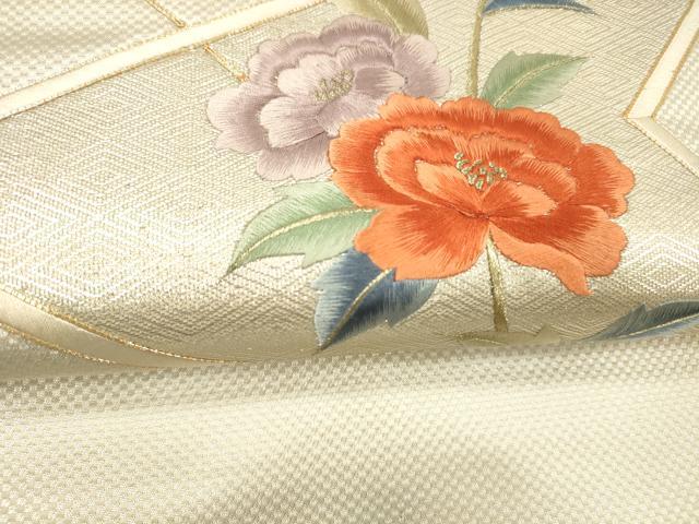平和屋着物▼九寸名古屋帯　駒刺繍　総刺繍　枝花文　金銀糸　正絹　逸品　DABE6181cm