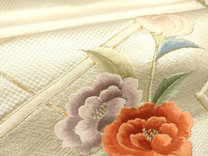平和屋着物▼九寸名古屋帯　駒刺繍　総刺繍　枝花文　金銀糸　正絹　逸品　DABE6181cm