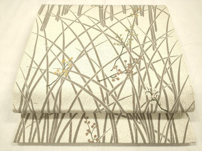 平和屋着物●六通柄袋帯　南天草葉文　銀糸　正絹　逸品　DABE6182cm