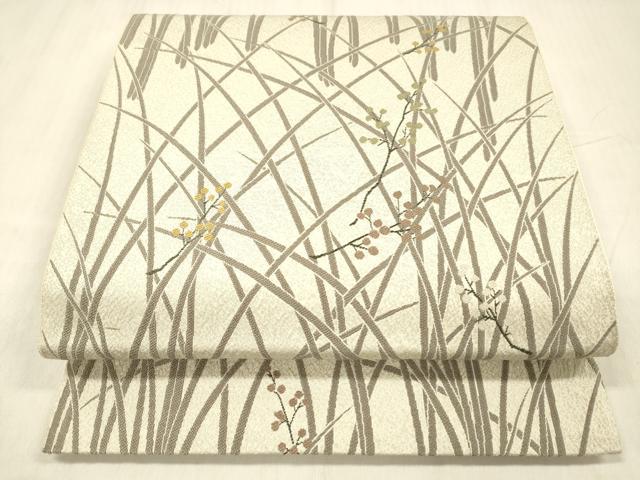 平和屋着物●六通柄袋帯　南天草葉文　銀糸　正絹　逸品　DABE6182cm