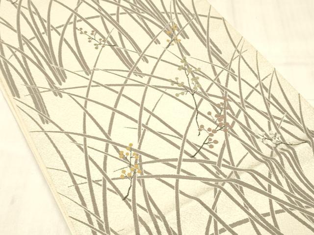 平和屋着物●六通柄袋帯　南天草葉文　銀糸　正絹　逸品　DABE6182cm