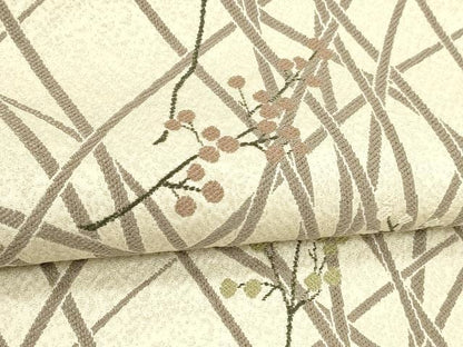 平和屋着物●六通柄袋帯　南天草葉文　銀糸　正絹　逸品　DABE6182cm