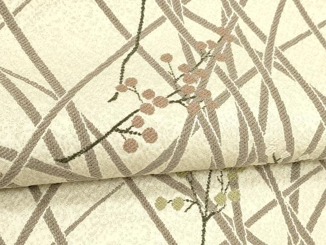 平和屋着物●六通柄袋帯　南天草葉文　銀糸　正絹　逸品　DABE6182cm
