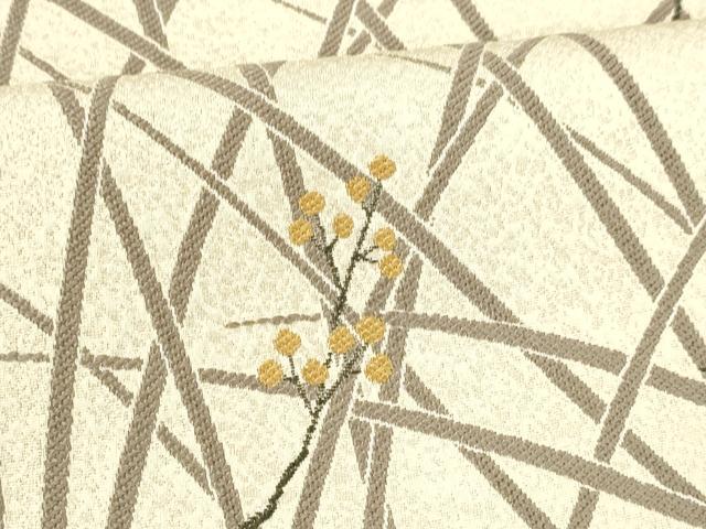 平和屋着物●六通柄袋帯　南天草葉文　銀糸　正絹　逸品　DABE6182cm