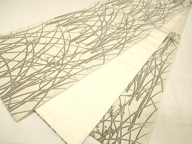 平和屋着物●六通柄袋帯　南天草葉文　銀糸　正絹　逸品　DABE6182cm