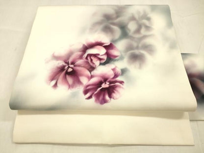 平和屋着物●塩瀬　九寸名古屋帯　手描き　舞花文　正絹　逸品　DABE6184cm