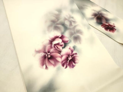 平和屋着物●塩瀬　九寸名古屋帯　手描き　舞花文　正絹　逸品　DABE6184cm