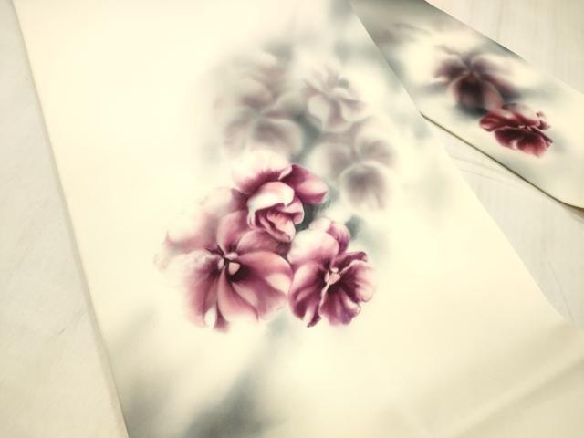 平和屋着物●塩瀬　九寸名古屋帯　手描き　舞花文　正絹　逸品　DABE6184cm
