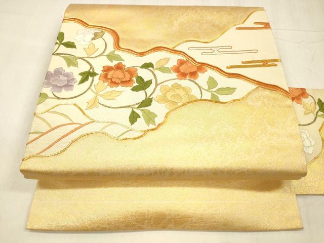 平和屋着物▼九寸名古屋帯　駒刺繍　総刺繍　枝花文　金糸　正絹　逸品　DABE6185cm