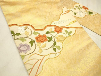 平和屋着物▼九寸名古屋帯　駒刺繍　総刺繍　枝花文　金糸　正絹　逸品　DABE6185cm
