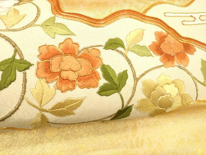 平和屋着物▼九寸名古屋帯　駒刺繍　総刺繍　枝花文　金糸　正絹　逸品　DABE6185cm