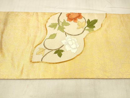 平和屋着物▼九寸名古屋帯　駒刺繍　総刺繍　枝花文　金糸　正絹　逸品　DABE6185cm