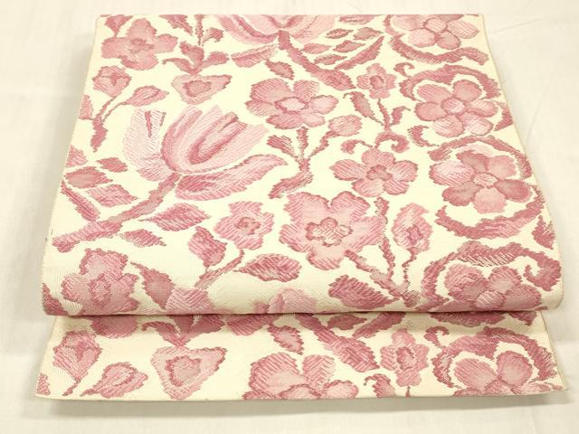 平和屋着物●本場筑前博多織　八寸名古屋帯　唐織　枝花文　正絹　逸品　DABE6186cm