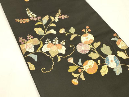 平和屋着物●六通柄袋帯　唐織　草花文　黒地　金糸　三越扱い　正絹　逸品　DABE6190cm