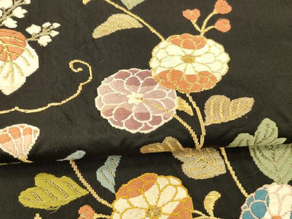 平和屋着物●六通柄袋帯　唐織　草花文　黒地　金糸　三越扱い　正絹　逸品　DABE6190cm