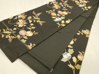 平和屋着物●六通柄袋帯　唐織　草花文　黒地　金糸　三越扱い　正絹　逸品　DABE6190cm