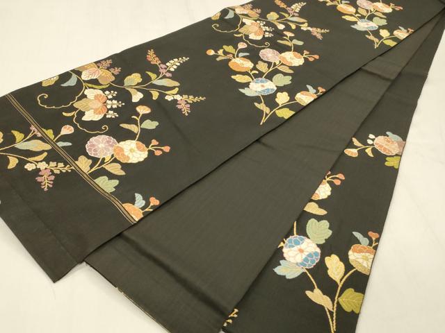 平和屋着物●六通柄袋帯　唐織　草花文　黒地　金糸　三越扱い　正絹　逸品　DABE6190cm