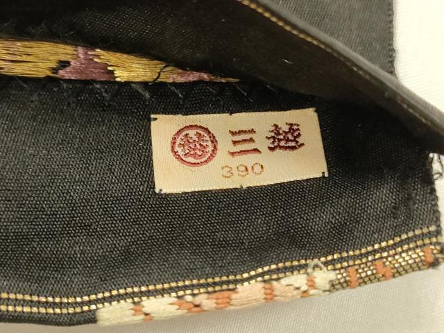平和屋着物●六通柄袋帯　唐織　草花文　黒地　金糸　三越扱い　正絹　逸品　DABE6190cm