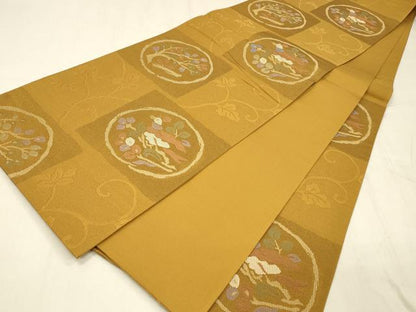 平和屋着物●六通柄袋帯　唐織　淡彩風光紋　正絹　逸品　DABE6195cm