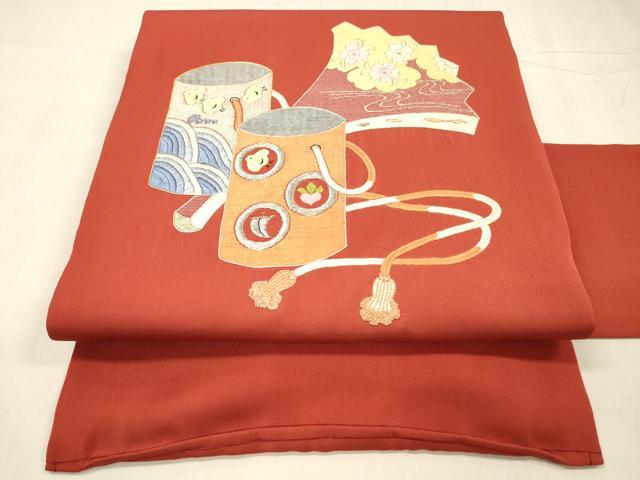 平和屋着物●中国三大刺繍　相良刺繍　総刺繍　塩瀬　九寸名古屋帯　駒刺繍　流水千鳥花文　金銀彩　正絹　逸品　DABE6196cm