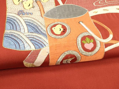 平和屋着物●中国三大刺繍　相良刺繍　総刺繍　塩瀬　九寸名古屋帯　駒刺繍　流水千鳥花文　金銀彩　正絹　逸品　DABE6196cm