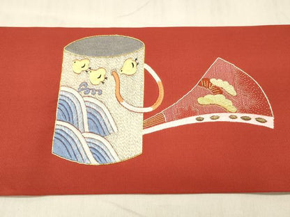平和屋着物●中国三大刺繍　相良刺繍　総刺繍　塩瀬　九寸名古屋帯　駒刺繍　流水千鳥花文　金銀彩　正絹　逸品　DABE6196cm