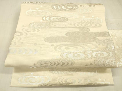 平和屋着物＊夏物 九寸名古屋帯 流水文 銀糸 正絹 逸品 DABE6208cm