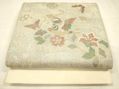 平和屋着物＊夏物 太鼓柄袋帯 駒刺繍 鴛鴦花蝶文 金銀彩 やまと誂製 正絹 逸品 DABE6209cm