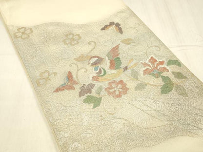 平和屋着物＊夏物 太鼓柄袋帯 駒刺繍 鴛鴦花蝶文 金銀彩 やまと誂製 正絹 逸品 DABE6209cm