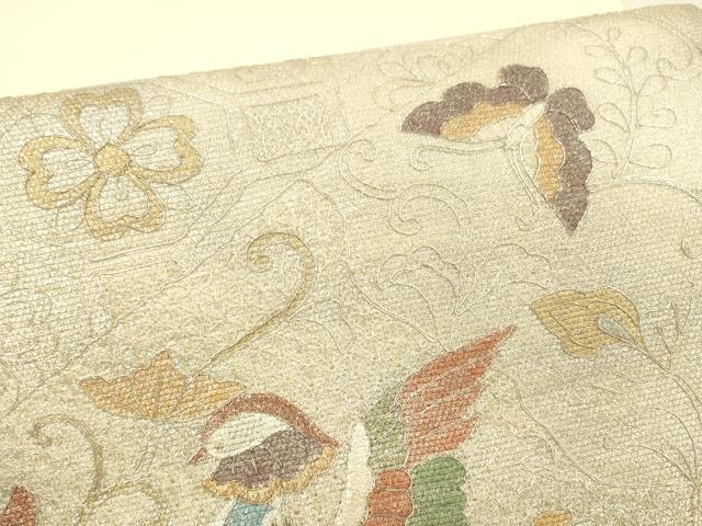 平和屋着物＊夏物 太鼓柄袋帯 駒刺繍 鴛鴦花蝶文 金銀彩 やまと誂製 正絹 逸品 DABE6209cm