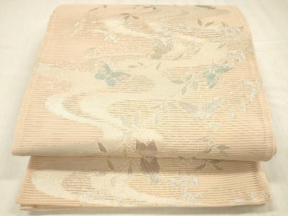 平和屋着物＊夏物 六通柄袋帯 流水舞蝶枝葉文 銀糸 正絹 逸品 DABE6210cm
