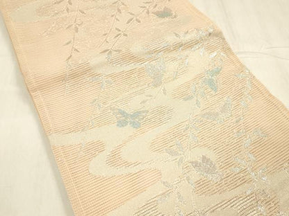 平和屋着物＊夏物 六通柄袋帯 流水舞蝶枝葉文 銀糸 正絹 逸品 DABE6210cm