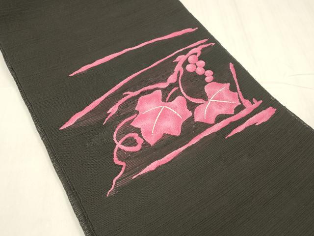 平和屋着物＊夏物 八寸名古屋帯 南天蔦の葉文 黒地 DABE6213cm