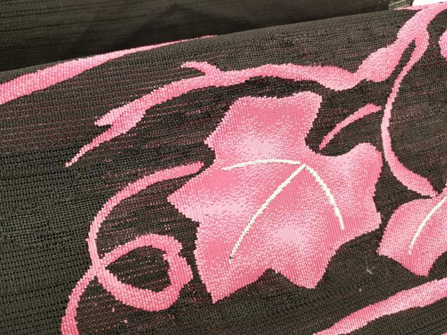 平和屋着物＊夏物 八寸名古屋帯 南天蔦の葉文 黒地 DABE6213cm