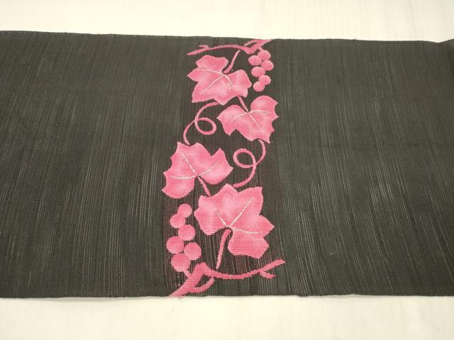 平和屋着物＊夏物 八寸名古屋帯 南天蔦の葉文 黒地 DABE6213cm