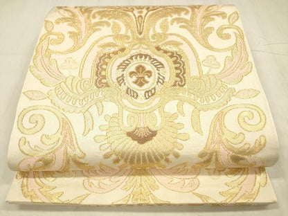 平和屋着物●六通柄　本袋帯　抽象更紗花文　金糸　正絹　逸品　DABE6221cm