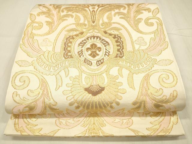 平和屋着物●六通柄　本袋帯　抽象更紗花文　金糸　正絹　逸品　DABE6221cm