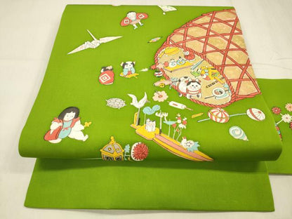 平和屋着物●塩瀬　九寸名古屋帯　手描き　童子遊び　玩具文　亀　鶴　金彩　正絹　逸品　DABE6222cm